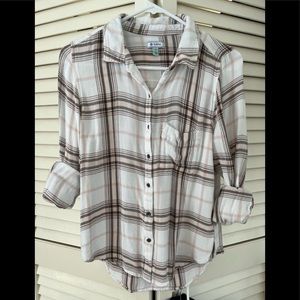 Pastel plaid shirt pink and neutrals, size S